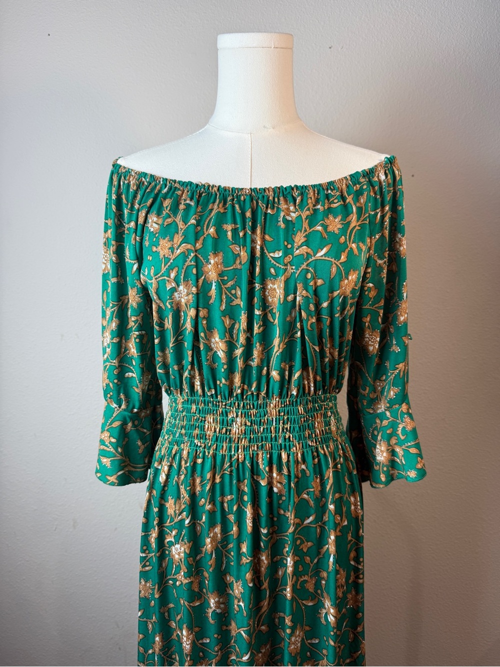 Seven Islands Boho Maxi Dress L XL Green Floral Lurex Glitter Smocked Tiered⁠